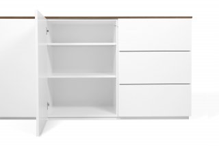 Buffet WHITY 2 blanc mat 180cm 2 portes/3 tiroirs Plateau en bois noyer avec pieds noir métal